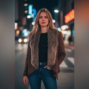 BCBGMaxAzria Brown Teddy Jacket with Faux Fur Collar